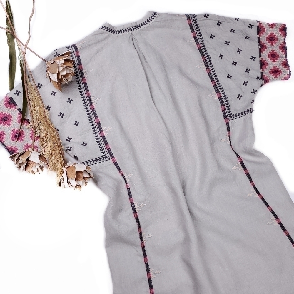 Johnny Was Gray Linen Pink Embroidered Tunic Dress Sz S - Picture 4 of 16